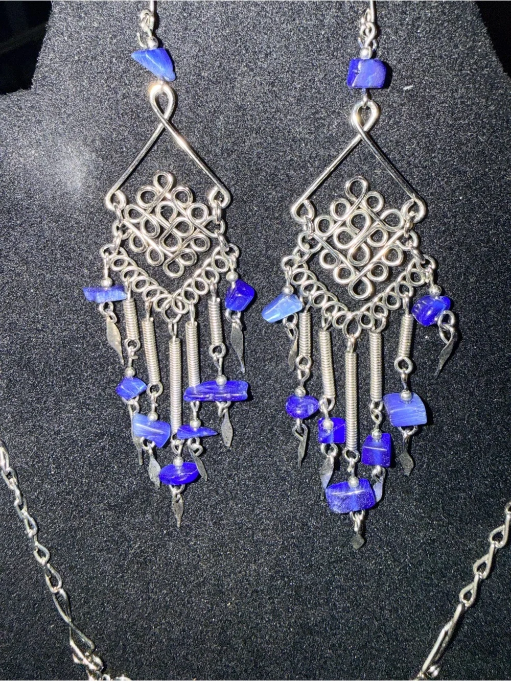 Silver Tone Filigree Statement Necklace and Earrings Set with Blue Stones